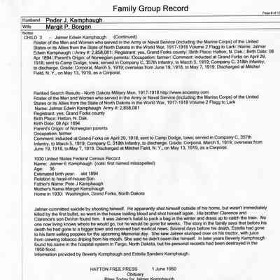 Family Group Record, 25 June 2010, courtesy Linda Hardesty: Peder J. Kamphaug and Margit P. Borgen family, page 8 of 13