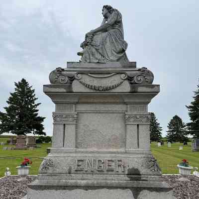 Photograph of Enger Memorial Monument, taken 2025, after recent renovations: Photograph also on page 22, Enger Family book, 1961