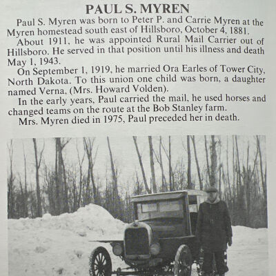 Myren family: Paul S. Myren, 1911 to 1943 Rural Mail Carrier, Hillsboro, Traill County, North Dakota