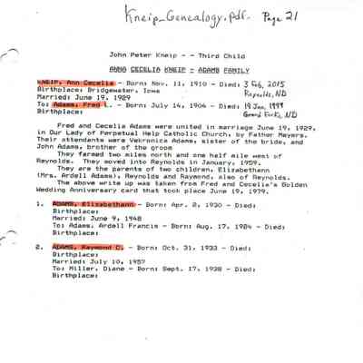 Kneip_Genealogy.pdf by Karen (Fleischer) Ackerman courtesy granddaughter Jackie (Ausk) Baumgartner: Information on Cecelia (Kneip) and Fred Adams, and children, page 21