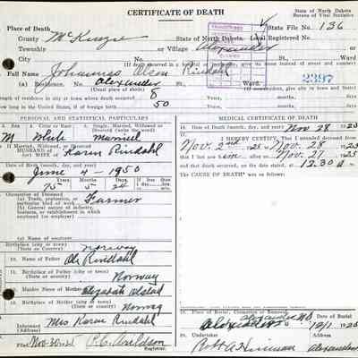 ND Death Certificate: Johannes (John) Olson Rindahl