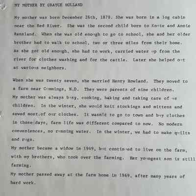 Rensland family: Annie Rensland (Mrs. Henry Howland), daughter of pioneers, Knute and Kari Rensland