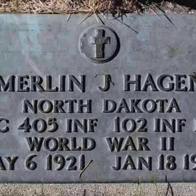 Photo of grave-marker for Merlin J. Hagen,: Photo Riverside Cemetery, Hillsboro, ND, courtesy US Find-a-Grave