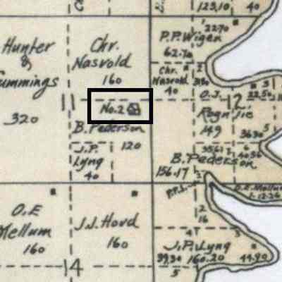 1900 map, portion of South Caledonia Township (later Herberg), Traill County, ND: Caledonia School No. 2 was located in the SE Qtr. of Sect 11