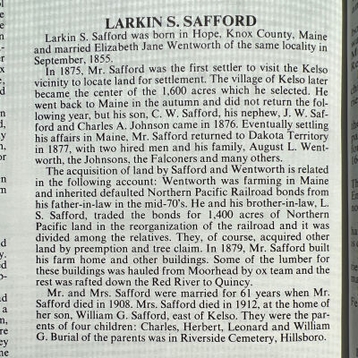 Safford family: Larkin and Elizabeth (Wentworth) Safford, and son William Safford, 1877 pioneers of Kelso, Traill County, Dakota Territory