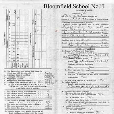 Bloomfield School No. 1, 1931 Teacher's Report: Esther Thorson, Teacher