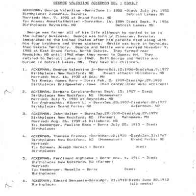 Ackerman_Genealogy.pdf file by Jackie (Ausk) Baumgartner: Page 11, information compiled and written by Karen (Fleischer) Ackerman