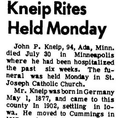 Hillsboro Banner, 5 August 1971: Obituary, John Peter Kneip Jr. of Ada, MN