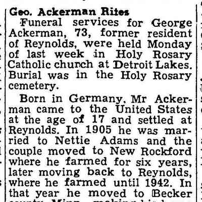 Hillsboro Banner, 28 July 1955: Obituary, George Valentine Ackerman Sr