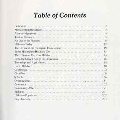 Hillsboro Centennial, 1818-1981, The First Hundred Years: Book Table of Contents, page 5