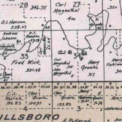 1900 map, portion of Eldorado Township, Traill County, ND: School No. 2 located along the Goose River in the NW Qtr. of Sect. 34