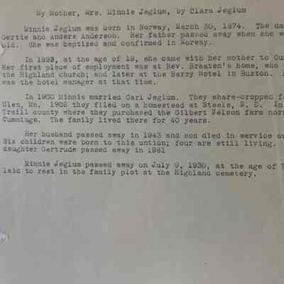 Family history by Clara Jeglum: Minnie (Anderson) Jeglum