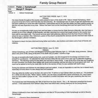 Family Group Record, 25 June 2010, courtesy Linda Hardesty: Peder J. Kamphaug and Margit P. Borgen family, page 9 of 13
