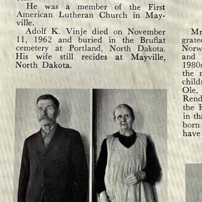 Vinge family: Adolph and Inga (Karstad) Vinge, 1898 settlers of Mayville-Portland area, Traill County, North Dakota