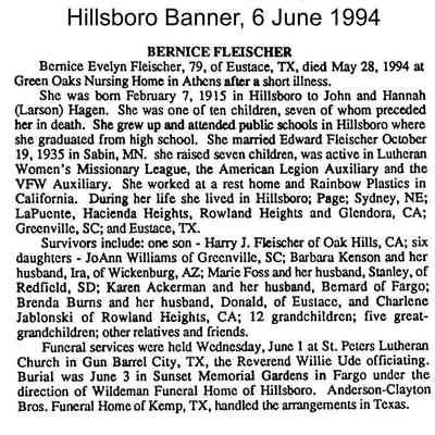 Obituary, Berenice Evelyn (Hagen) Fleischer: Courtesy of Hillsboro Banner, 6 June 1994