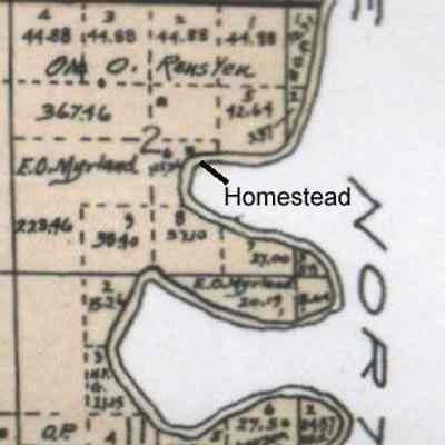 1900 Plat map, North Caledonia (later Bingham) Township: Homestead and land of Even Olsen Myrland in Sections 2 and 11.