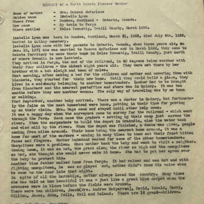 Lyon family: Isabella (Lyon) McFarlane, pioneer mother in Kelso Township, Traill County