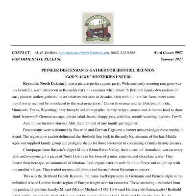 Family reunion, descendants of Georg & Elizabeth (Koch) Berthold: Description of reunion and family history by Mary (Berthold) DeMers
