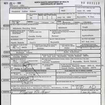North Dakota Death Certificate, Traill County: Record for Frederick Julius (Fred) Adams