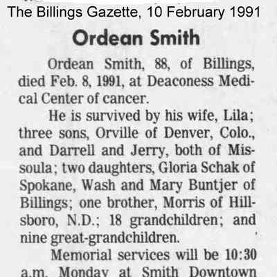 Obituary, Ordean Smith: The Billings Gazette, 10 February 1991