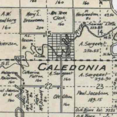 1900 map, portion of Caledonia Township, Traill county, ND: Caledonia School No. 1 was located in the Village of Caledonia in the SE Qtr. of Sect. 15