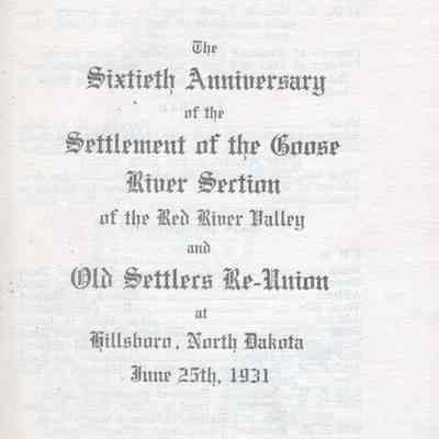 Old Settler Reunion, 1931, Hillsboro, Traill County, North Dakota: Program, page 1