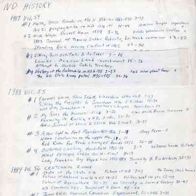 North Dakota History, State Historical Society of North Dakota, Bismarck: Page 7: Notes by Jim Arhlin on papers in issues from 1987 and 1989