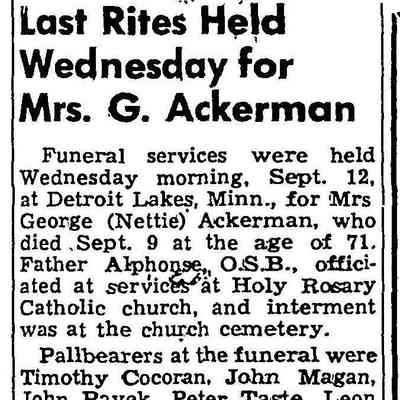 Hillsboro Banner, 13 June 1956: Obituary, Antonetta "Nettie" (Adams) Ackerman