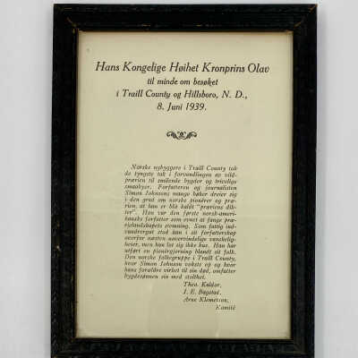 Award for Simon Johnson from Hans Kongelige Hoihet Kronsprins Olav (His Royal Highness Crown Prince Olav), 8 June 1939