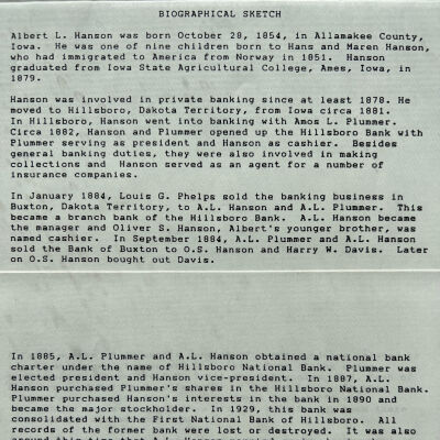 Hanson family: Albert L. Hanson, banker with Amos Plummer in Hillsboro, Traill County, ND