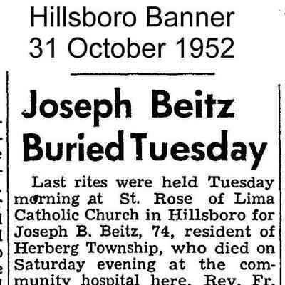 Hillsboro Banner weekly newspaper, 31 October 1952 issue, page 1: Obituary, Joseph Beitz