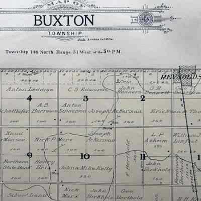 1909 Traill County Atlas including plat maps: Buxton Township, Joseph Ackerman's residence in SE Qtr., S 3.