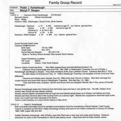 Family Group Record, 25 June 2010, courtesy Linda Hardesty: Peder J. Kamphaug and Margit P. Borgen family, page 10 of 13