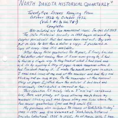 North Dakota Historical Quarterly: Letter of information by Jim Ahrlin, dated 11 March 2022