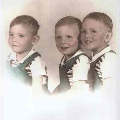 Family photo taken in about 1948: three sons of Knut and Alfa (Almen) Hovet, courtesy Tiny Hovet: L-R: Tiny Hovet, twin Tubby Hovet, and Darrell Hovet