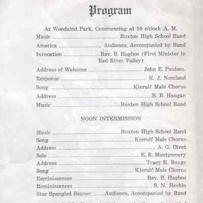 Old Settlers' Reunion, 1921, Hillsboro, Traill County, North Dakota: Program