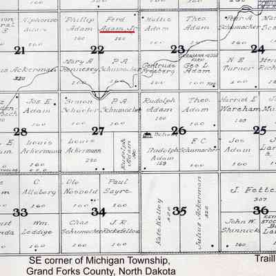 1927 Standard Atlas of Grand Forks County, North Dakota: Ferdinand Adams Jr land in the NE Qtr. of Sect. 22 in Michigan Township