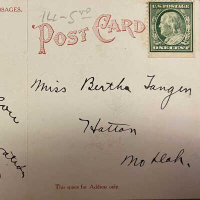 Postcard - To Miss Bertha Tangen in Hatton, ND  - Traill County Courthouse