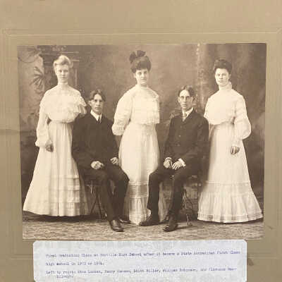 1904 Graduating Class of Mayville High School,: Five students (l-r): Etha Lucken, Henry Hanson, Edith Miller, William Robinson, and Florence MacCullough.