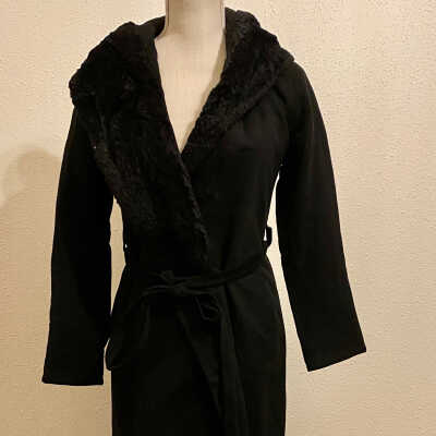 Black Wool Coat with Fur Trimmed Collar & Hem