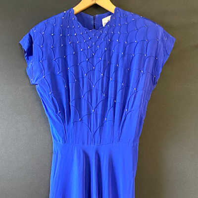 Long Royal Blue Dress with Scalloped Neck and Beaded Bodice