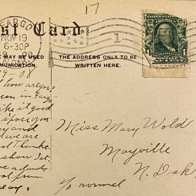 Postcard - Front Street, West Fargo, ND - To Miss Mary Wold in Mayville, ND