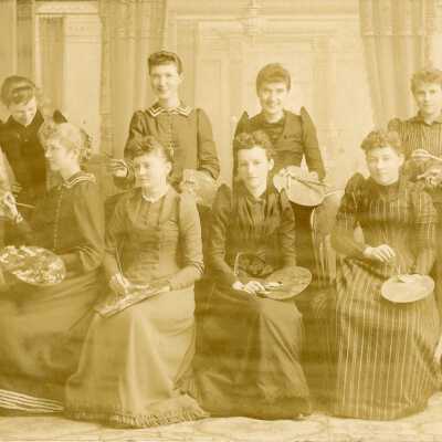 Eight Women posed as a Painting Class