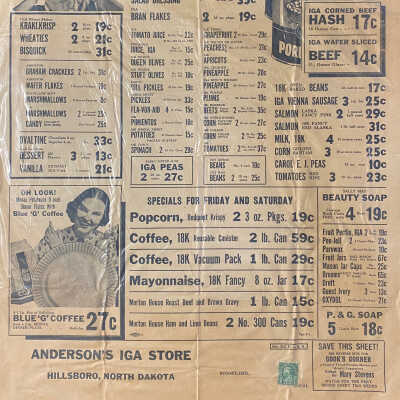 Flyer from Anderson’s IGA Store, Hillsboro, ND