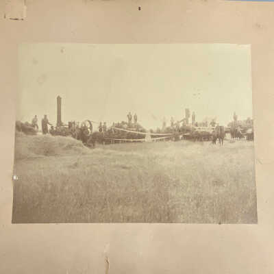 Threshing on Unknown Farm (Mrs. O. J. Hagg written on back)