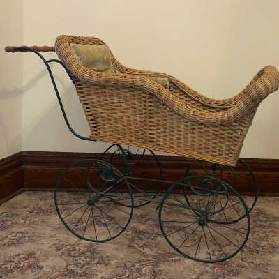 Tan Wicker Baby Buggy