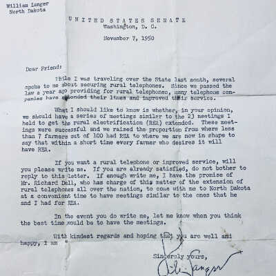 William Langer, U.S. Senate - letter regarding rural telephone service