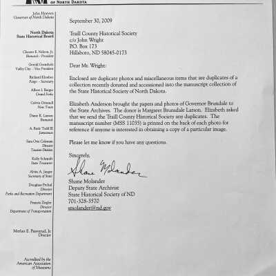 Letter dated September 30, 2009 from State Historical Society of North Dakota