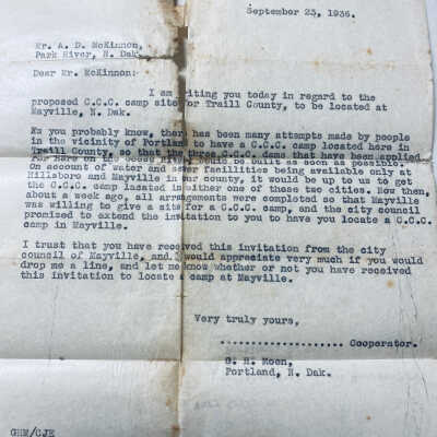 1936 Letter and Petition regarding proposed C.C.C. Camp Site location in Mayville, ND