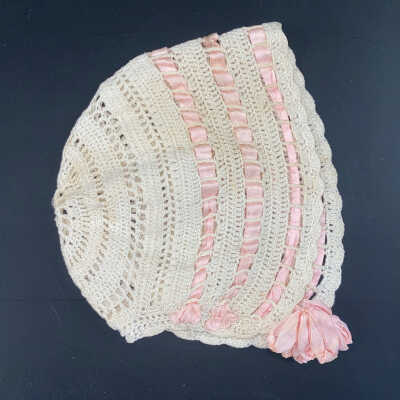 Crocheted Baby Cap with Pink Ribbon